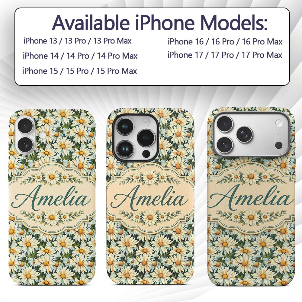 Soft Floral Daisy Trail on Muted Aqua Vintage Custom Name Protective Phone Case Mobile Cover Durable Everyday Smartphone Shock Resistant