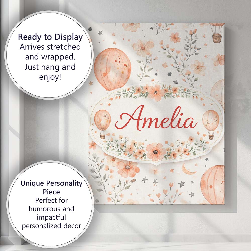 Personalised Name Soft Coral Floral Hot Air Balloon Sky Pattern Custom  Statement Canvas Wall Art Print Decor Picture Ready to Hang