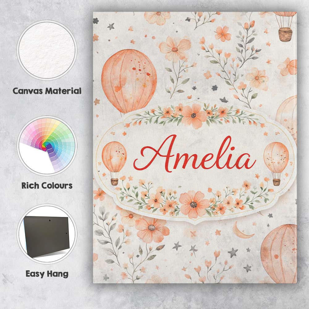 Personalised Name Soft Coral Floral Hot Air Balloon Sky Pattern Custom  Statement Canvas Wall Art Print Decor Picture Ready to Hang