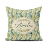 Custom Name Tropical Palm Botanical Pattern in Green and Mustard Square Filled Cushion Throw Pillow Sofa Bed Home Decor Zip Washable UK Made
