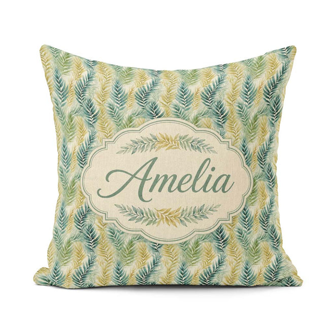 Custom Name Tropical Palm Botanical Pattern in Green and Mustard Square Filled Cushion Throw Pillow Sofa Bed Home Decor Zip Washable UK Made