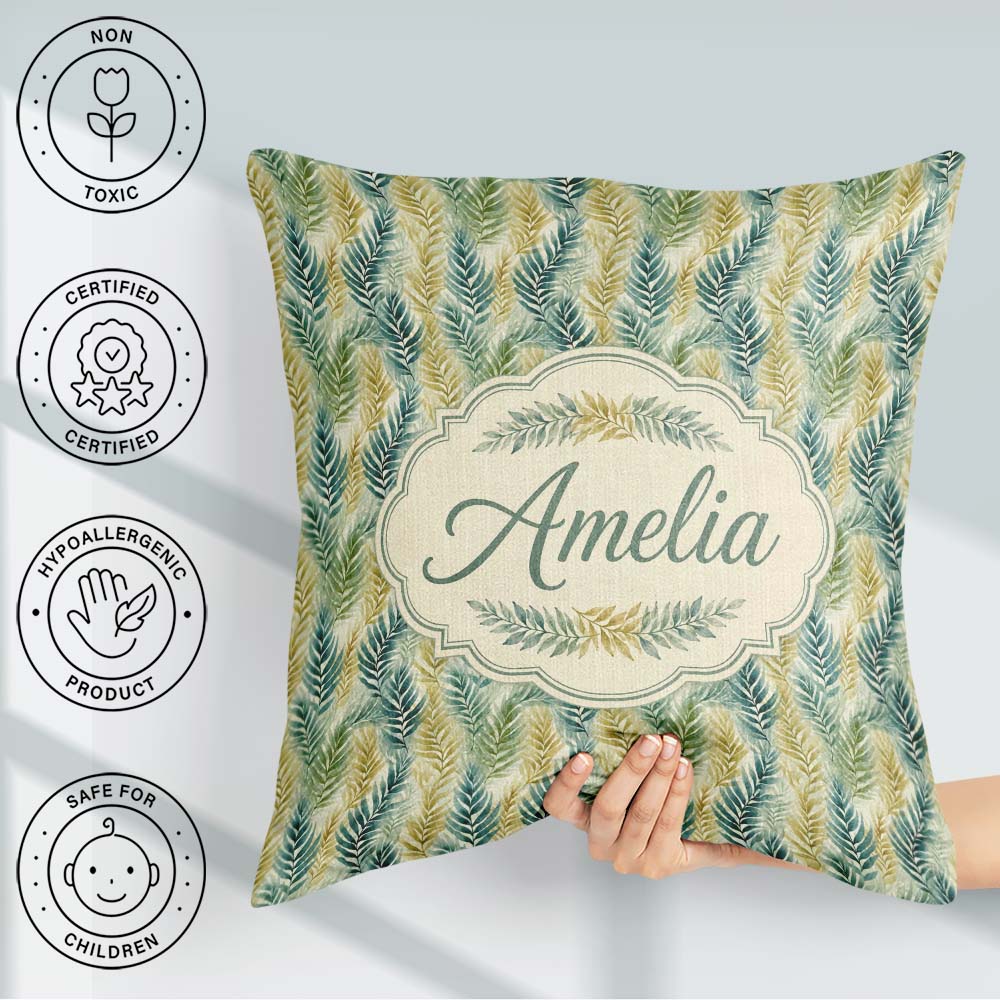 Custom Name Tropical Palm Botanical Pattern in Green and Mustard Square Filled Cushion Throw Pillow Sofa Bed Home Decor Zip Washable UK Made