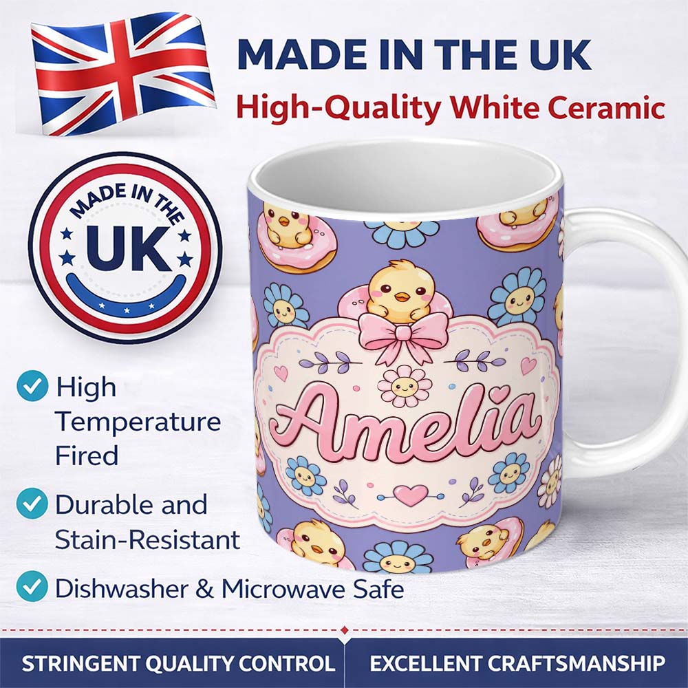 Personalized Custom Name Cute Baby Chick Donut Flowers Seamless Pattern Purple Background 11oz Ceramic Coffee Tea Mug White Large Handle