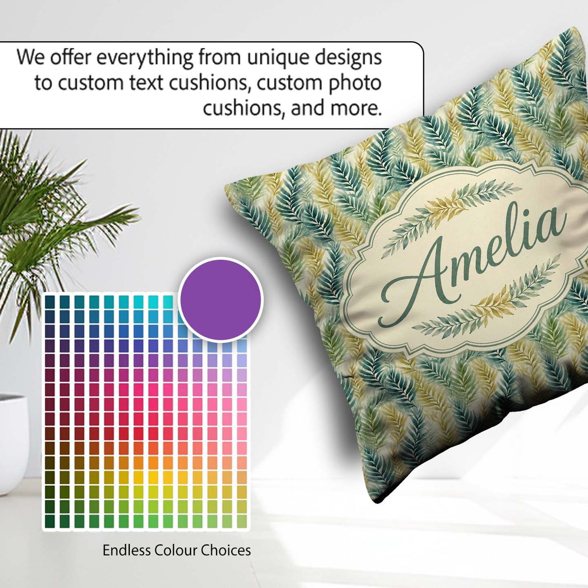 Custom Name Tropical Palm Botanical Pattern in Green and Mustard Square Filled Cushion Throw Pillow Sofa Bed Home Decor Zip Washable UK Made