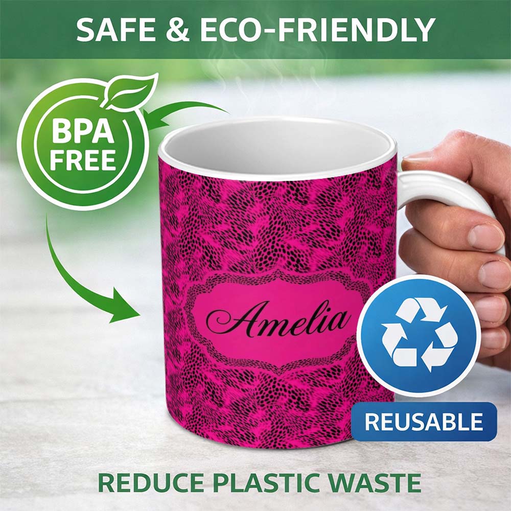 Personalized Custom Name Pink Elongated Spot Seamless Pattern Organic Animal Texture Design 11oz Ceramic Coffee Tea Mug White Large Handle