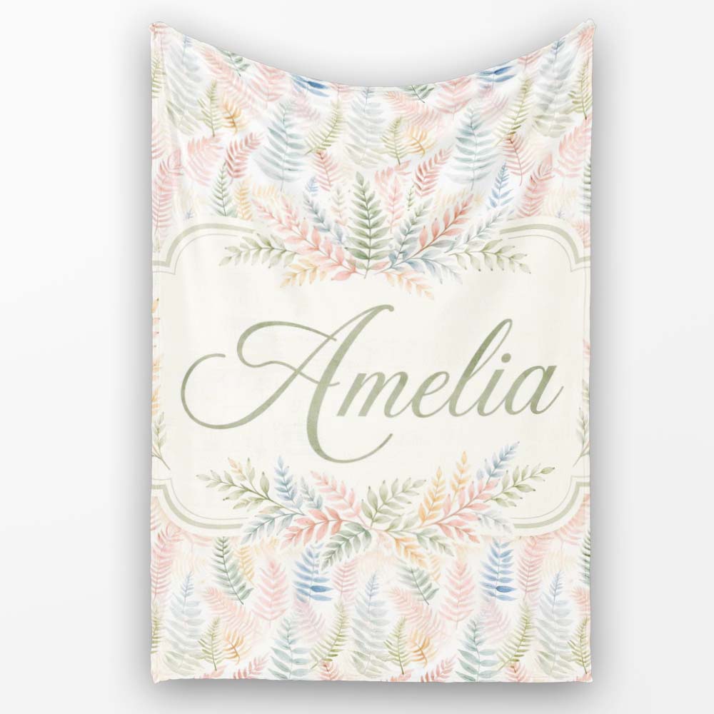Soft Pastel Fern Leaves on Light Neutral Background Cute Unique Gift  Personalised Custom Name Super Soft Fleece Blanket Bed Sofa Throw