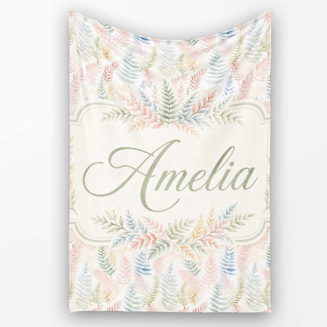 Soft Pastel Fern Leaves on Light Neutral Background Cute Unique Gift  Personalised Custom Name Super Soft Fleece Blanket Bed Sofa Throw
