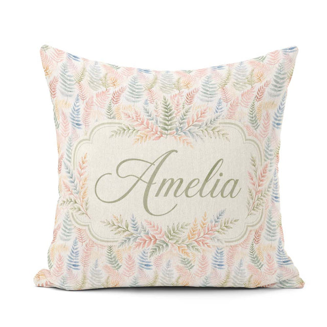 Custom Name Soft Pastel Fern Leaves on Light Neutral Background Square Filled Cushion Throw Pillow Sofa Bed Home Decor Zip Washable UK Made