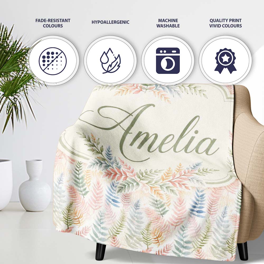 Soft Pastel Fern Leaves on Light Neutral Background Cute Unique Gift  Personalised Custom Name Super Soft Fleece Blanket Bed Sofa Throw