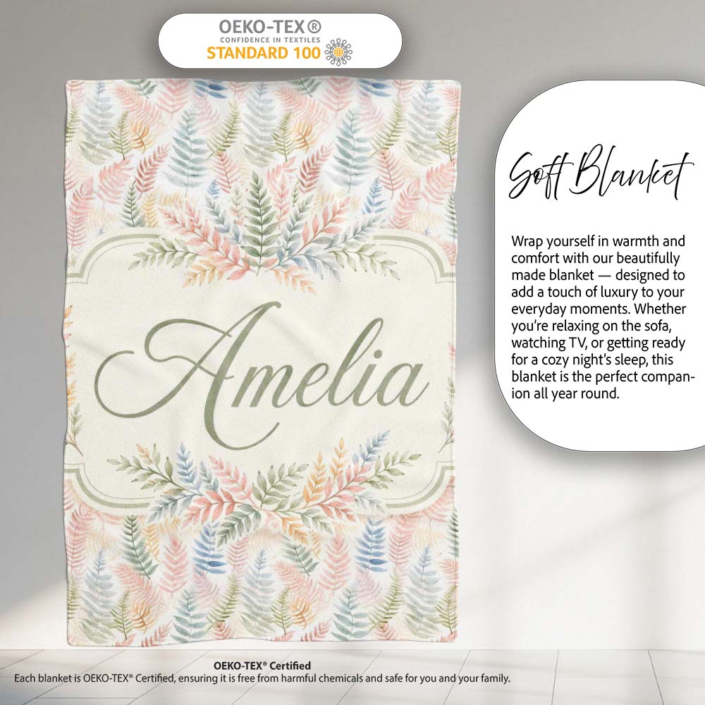 Soft Pastel Fern Leaves on Light Neutral Background Cute Unique Gift  Personalised Custom Name Super Soft Fleece Blanket Bed Sofa Throw