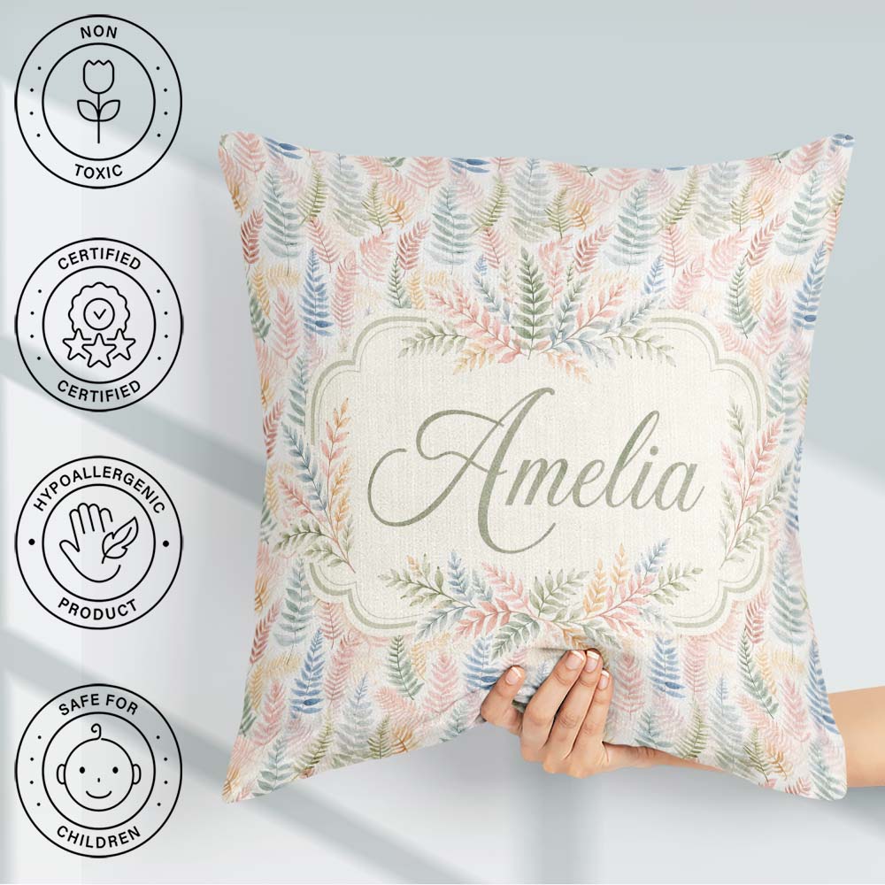 Custom Name Soft Pastel Fern Leaves on Light Neutral Background Square Filled Cushion Throw Pillow Sofa Bed Home Decor Zip Washable UK Made