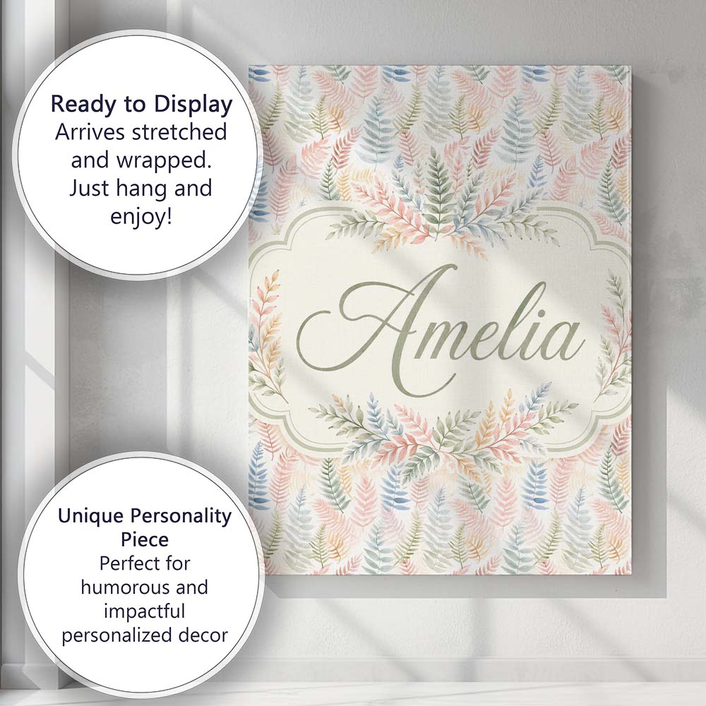 Personalised Name Soft Pastel Fern Leaves Custom  Unique Gift Idea Elegant Feature Canvas Wall Art Print Decor Picture Ready to Hang