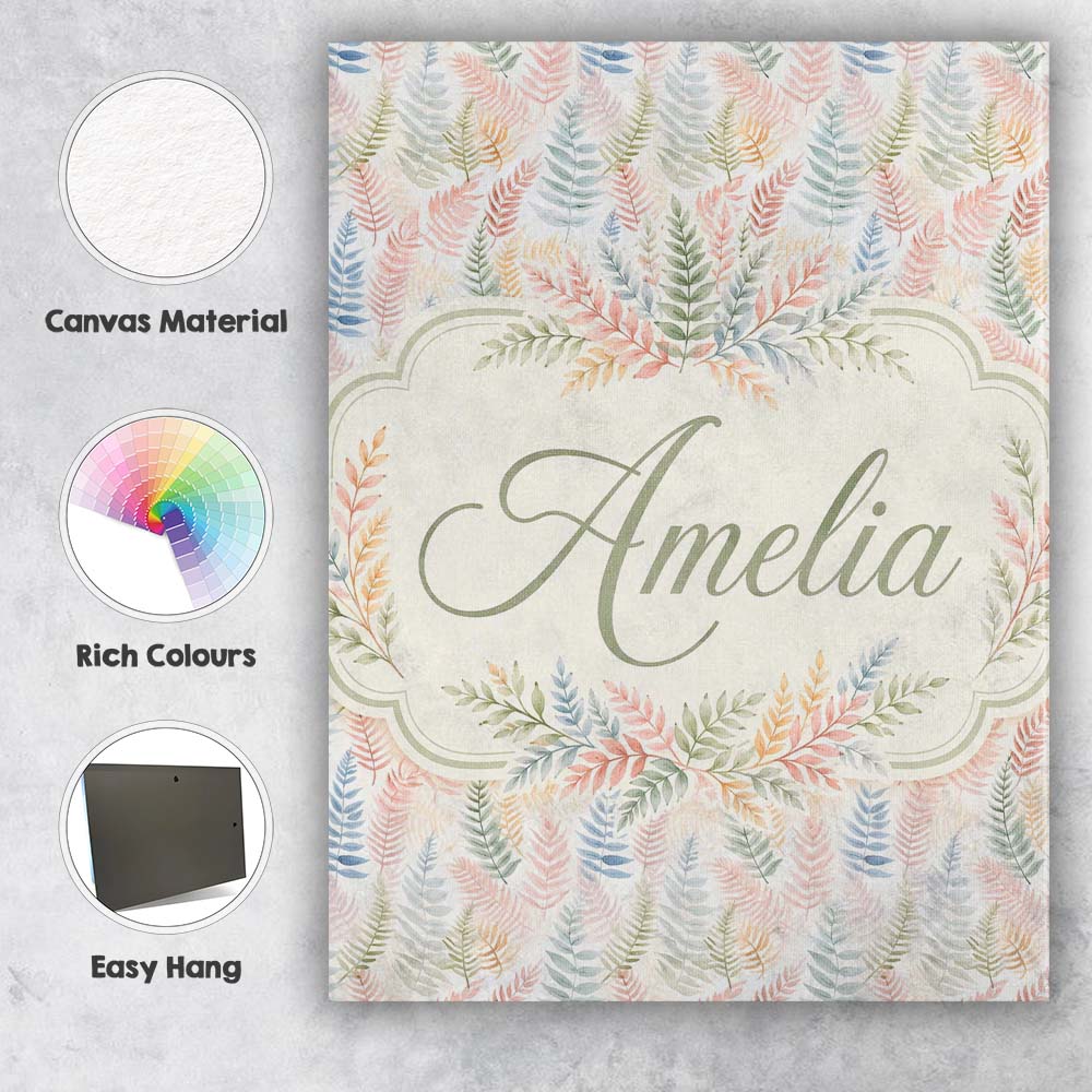 Personalised Name Soft Pastel Fern Leaves Custom  Unique Gift Idea Elegant Feature Canvas Wall Art Print Decor Picture Ready to Hang