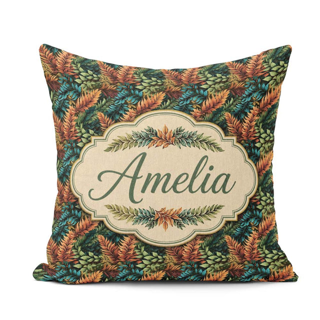 Custom Name Vibrant Tropical Leaf Pattern in Deep Green and Warm Square Filled Cushion Throw Pillow Sofa Bed Home Decor Zip Washable UK Made