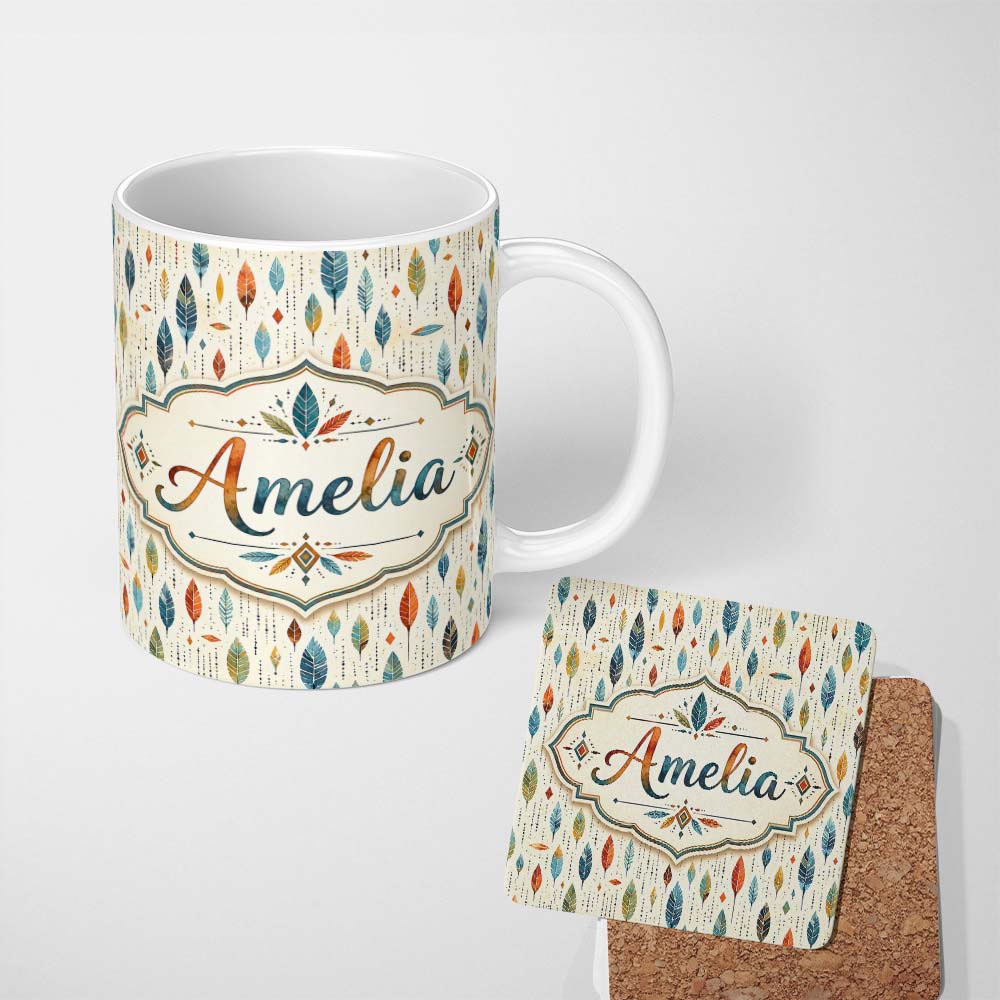 Personalized Custom Name Delicate Feather Leaves Scandinavian Style Seamless Pattern Design 11oz Ceramic Coffee Tea Mug White Large Handle