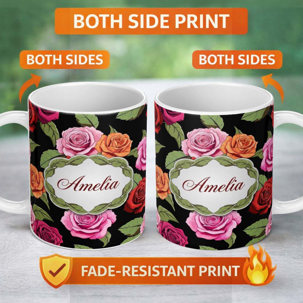 Personalized Custom Name Realistic Rose Flower Seamless Pattern Red Pink Floral Botanical 11oz Ceramic Coffee Tea Mug White Large Handle