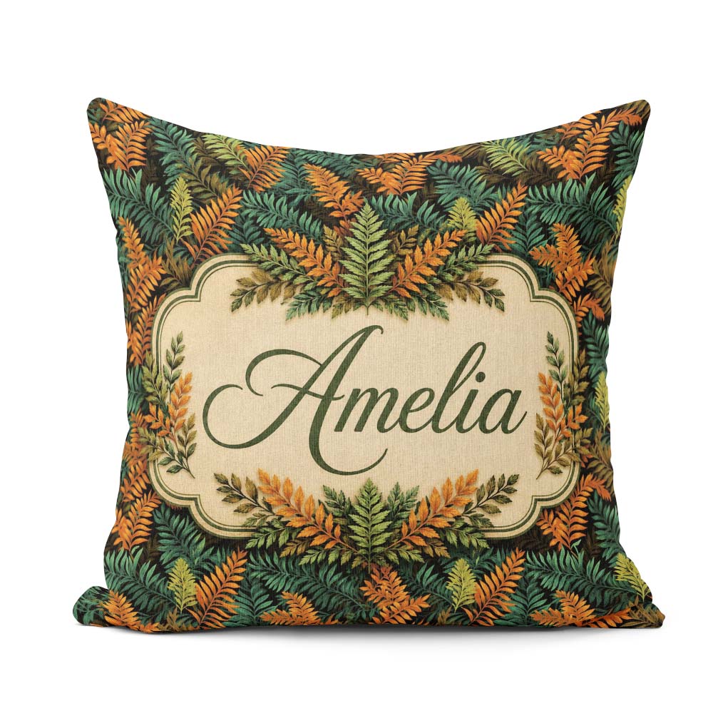Custom Name Lush Tropical Foliage in Rich Green and Amber Tones Square Filled Cushion Throw Pillow Sofa Bed Home Decor Zip Washable UK Made
