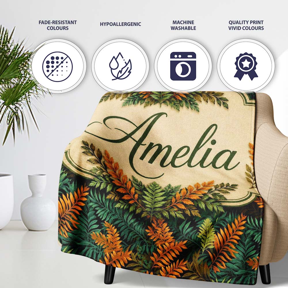 Lush Tropical Foliage in Rich Green and Amber Tones Cute Unique Gift  Personalised Custom Name Super Soft Fleece Blanket Bed Sofa Throw