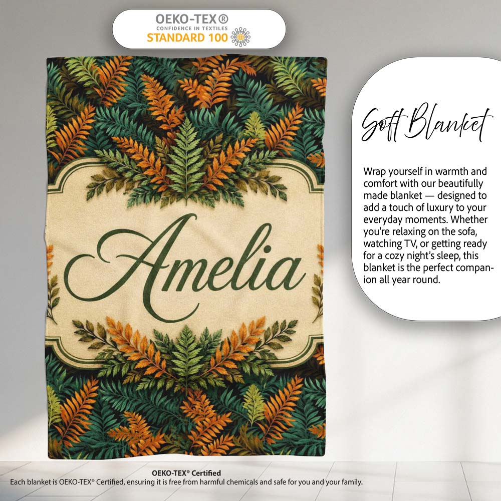 Lush Tropical Foliage in Rich Green and Amber Tones Cute Unique Gift  Personalised Custom Name Super Soft Fleece Blanket Bed Sofa Throw