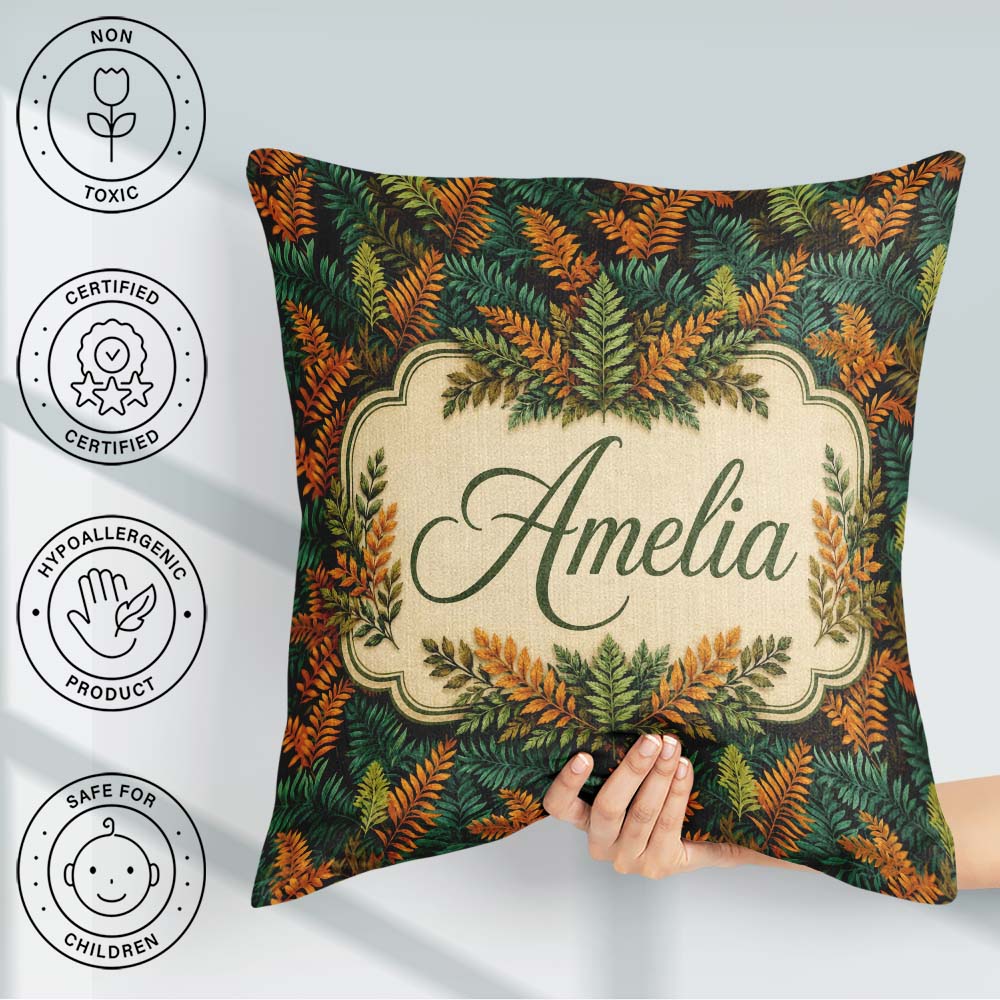 Custom Name Lush Tropical Foliage in Rich Green and Amber Tones Square Filled Cushion Throw Pillow Sofa Bed Home Decor Zip Washable UK Made