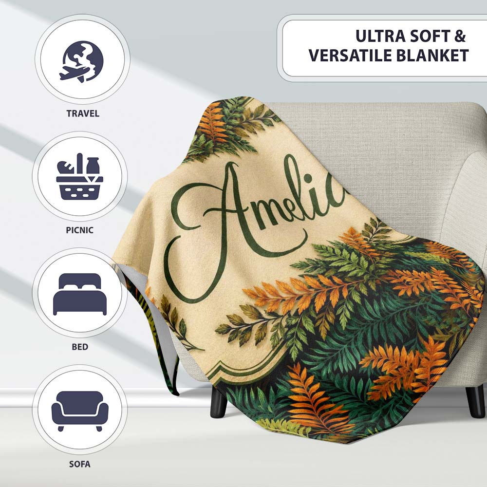 Lush Tropical Foliage in Rich Green and Amber Tones Cute Unique Gift  Personalised Custom Name Super Soft Fleece Blanket Bed Sofa Throw