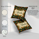 Custom Name Lush Tropical Foliage in Rich Green and Amber Tones Square Filled Cushion Throw Pillow Sofa Bed Home Decor Zip Washable UK Made