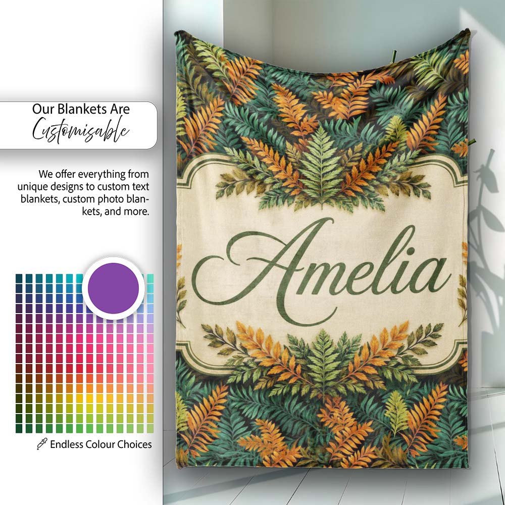 Lush Tropical Foliage in Rich Green and Amber Tones Cute Unique Gift  Personalised Custom Name Super Soft Fleece Blanket Bed Sofa Throw