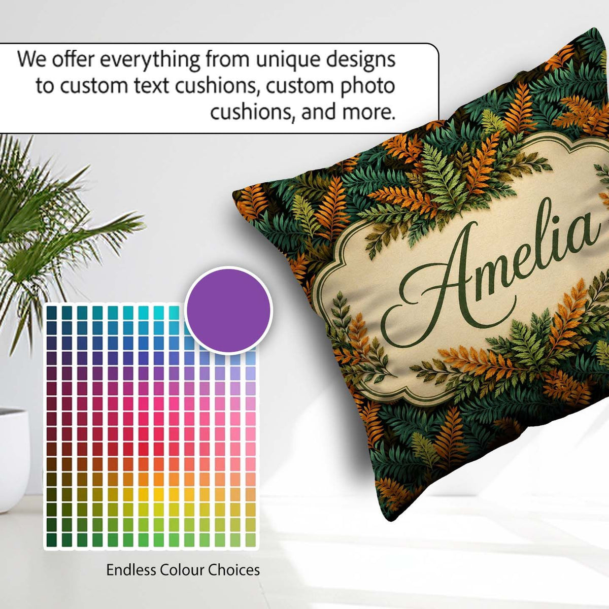 Custom Name Lush Tropical Foliage in Rich Green and Amber Tones Square Filled Cushion Throw Pillow Sofa Bed Home Decor Zip Washable UK Made