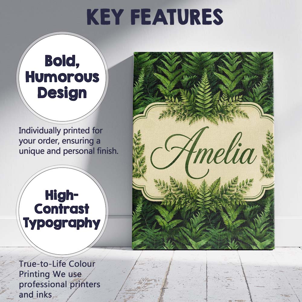Personalised Name Lush Green Fern Jungle Custom  Unique Gift Idea Elegant Feature Canvas Wall Art Print Decor Picture Ready to Hang