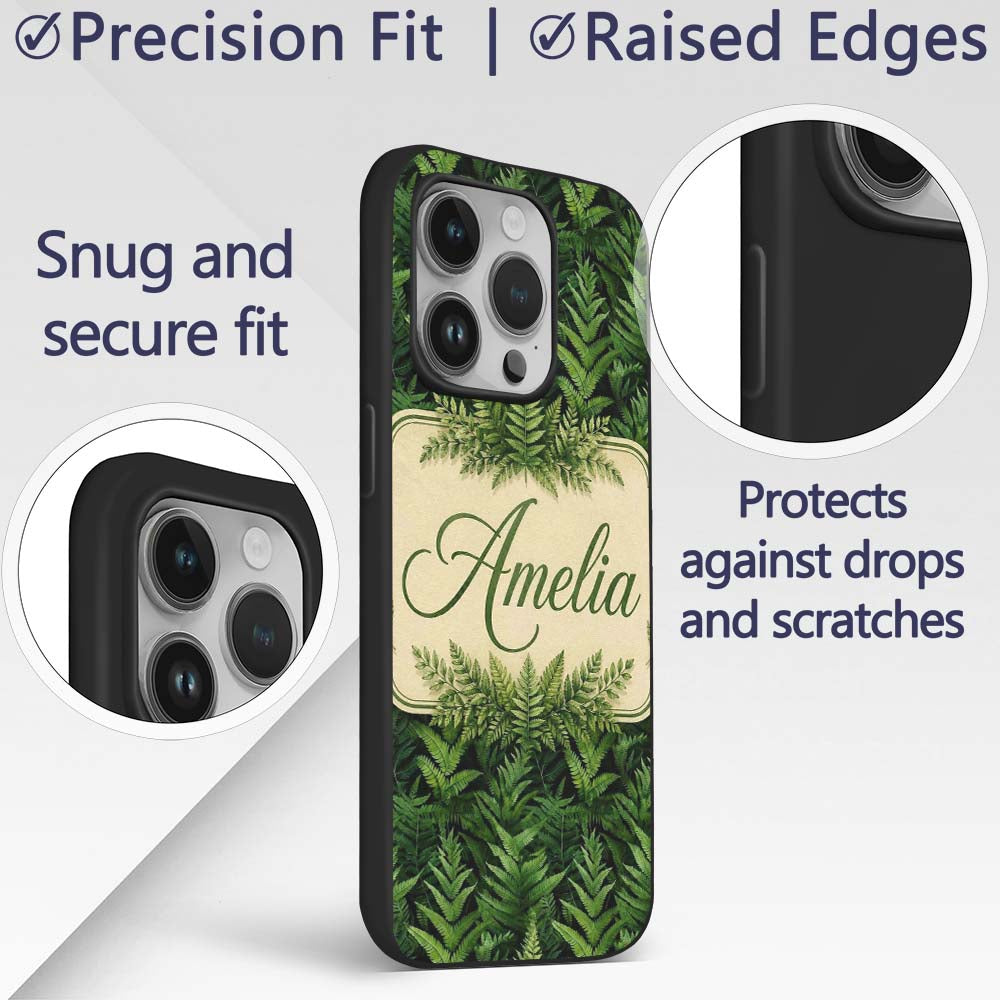 Lush Green Fern Jungle Seamless Botanical Pattern Custom Name Protective Phone Case Mobile Cover Durable Everyday Smartphone Shock Resistant