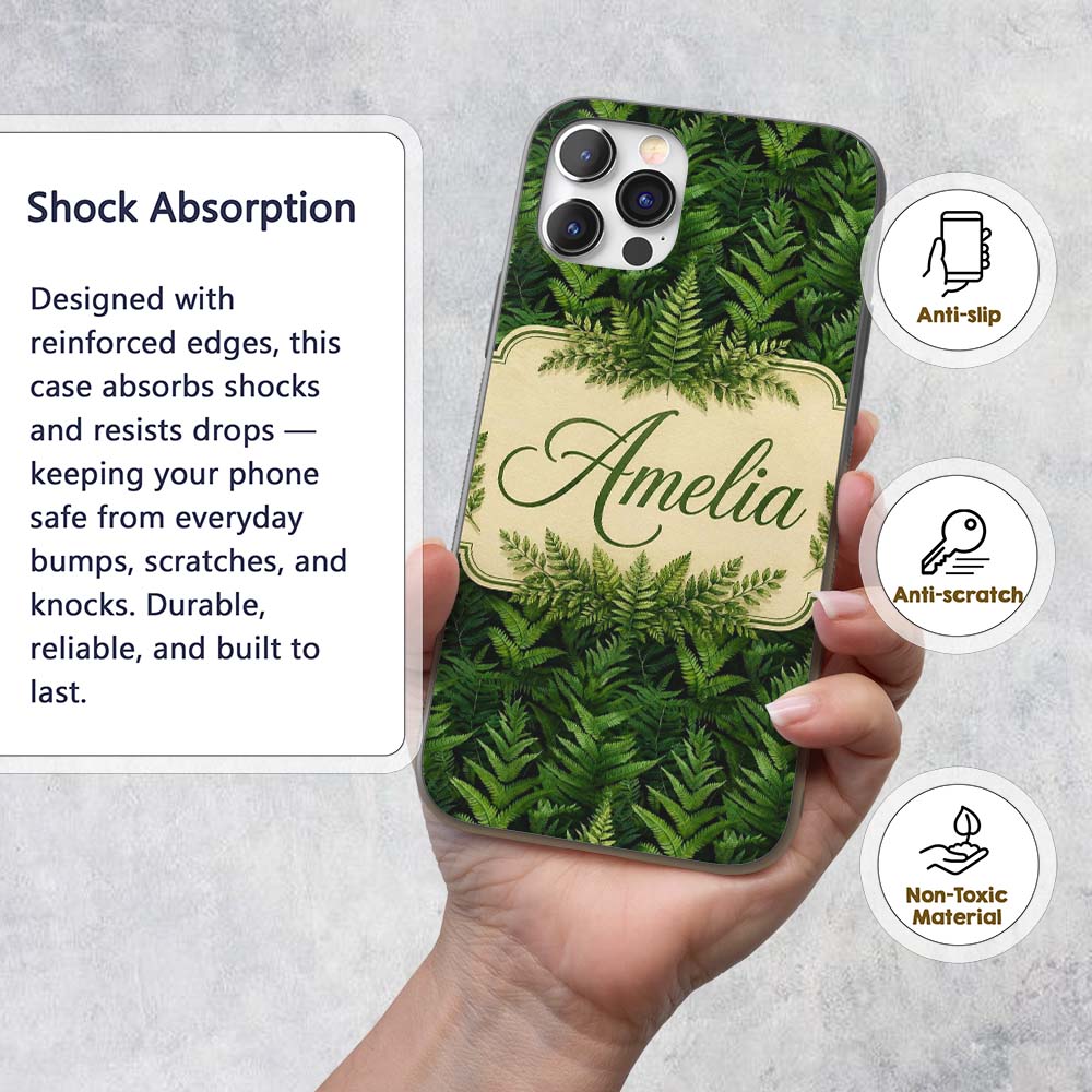 Lush Green Fern Jungle Seamless Botanical Pattern Custom Name Protective Phone Case Mobile Cover Durable Everyday Smartphone Shock Resistant