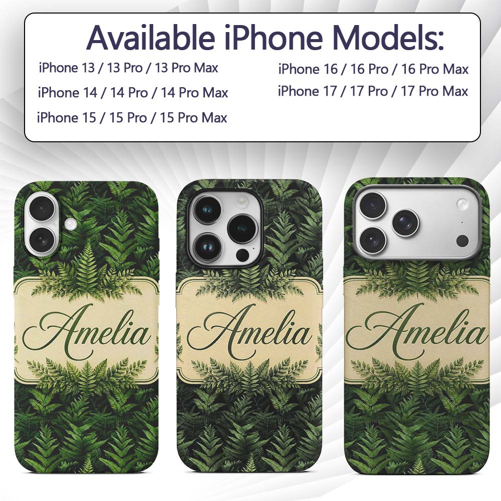 Lush Green Fern Jungle Seamless Botanical Pattern Custom Name Protective Phone Case Mobile Cover Durable Everyday Smartphone Shock Resistant