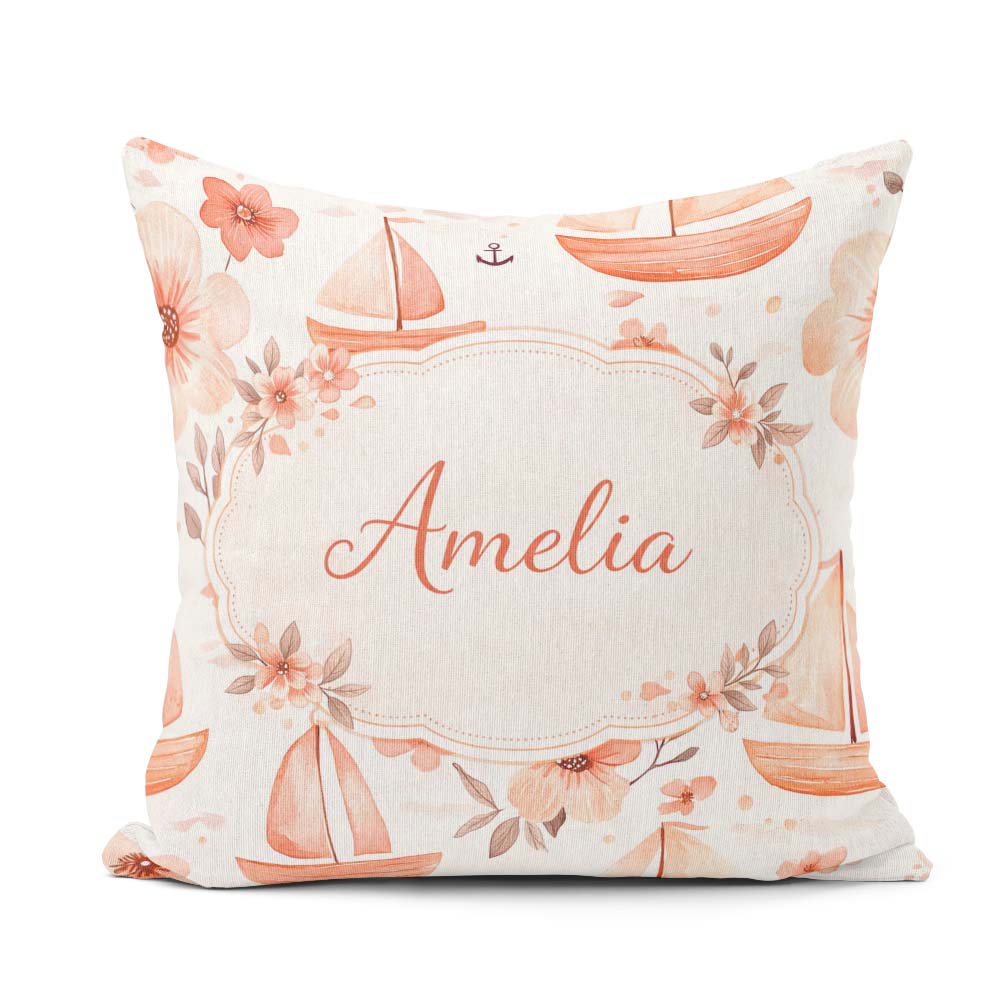 Custom Name Nautical Sailboat Floral Coastal Pattern Watercolour Square Filled Cushion Throw Pillow Sofa Bed Home Decor Zip Washable UK Made