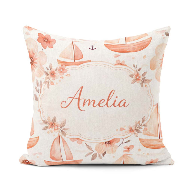 Custom Name Nautical Sailboat Floral Coastal Pattern Watercolour Square Filled Cushion Throw Pillow Sofa Bed Home Decor Zip Washable UK Made