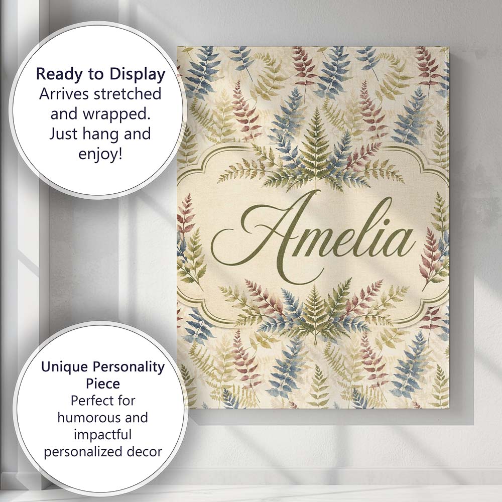 Personalised Name Muted Multicolour Fern Custom  Unique Gift Idea Elegant Feature Canvas Wall Art Print Decor Picture Ready to Hang