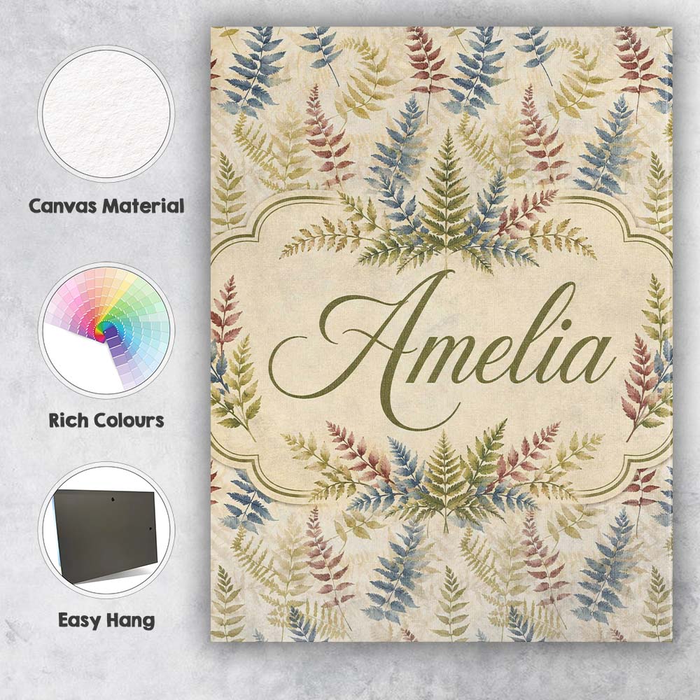 Personalised Name Muted Multicolour Fern Custom  Unique Gift Idea Elegant Feature Canvas Wall Art Print Decor Picture Ready to Hang