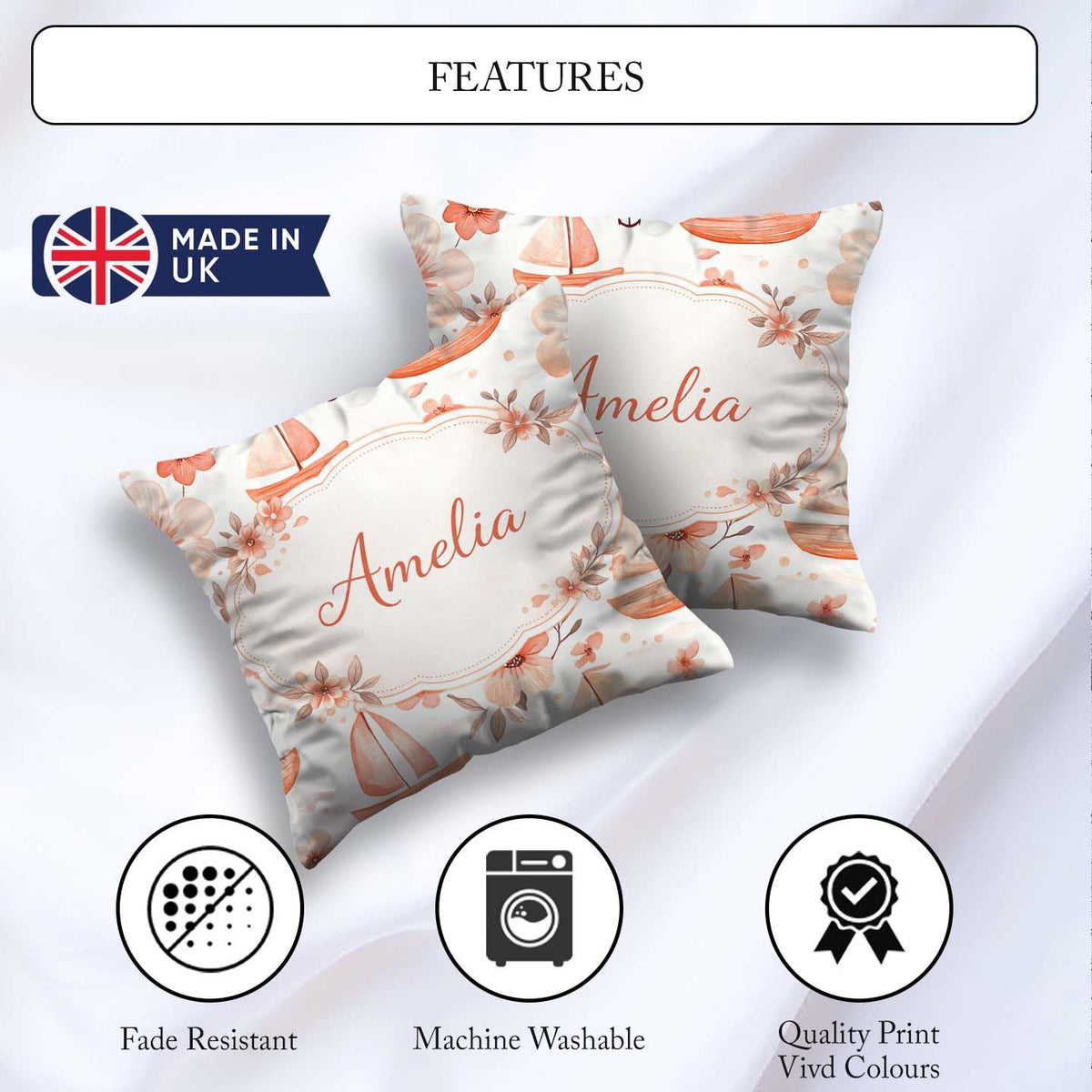 Custom Name Nautical Sailboat Floral Coastal Pattern Watercolour Square Filled Cushion Throw Pillow Sofa Bed Home Decor Zip Washable UK Made