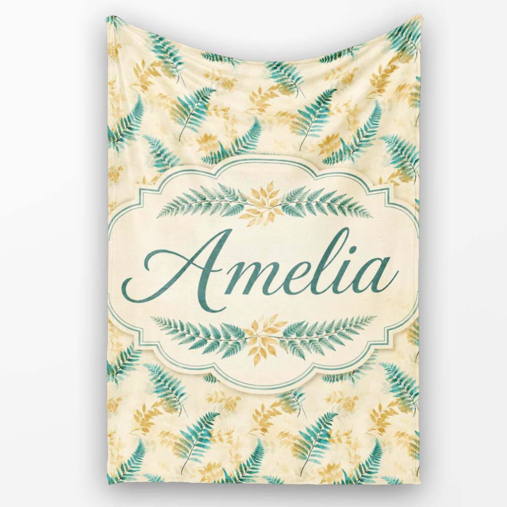 Teal and Mustard Fern Botanical Watercolor Seamless Pattern Lovely  Personalised Custom Name Super Soft Fleece Blanket Bed Sofa Throw