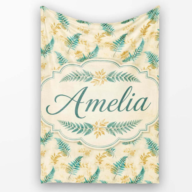 Teal and Mustard Fern Botanical Watercolor Seamless Pattern Lovely  Personalised Custom Name Super Soft Fleece Blanket Bed Sofa Throw