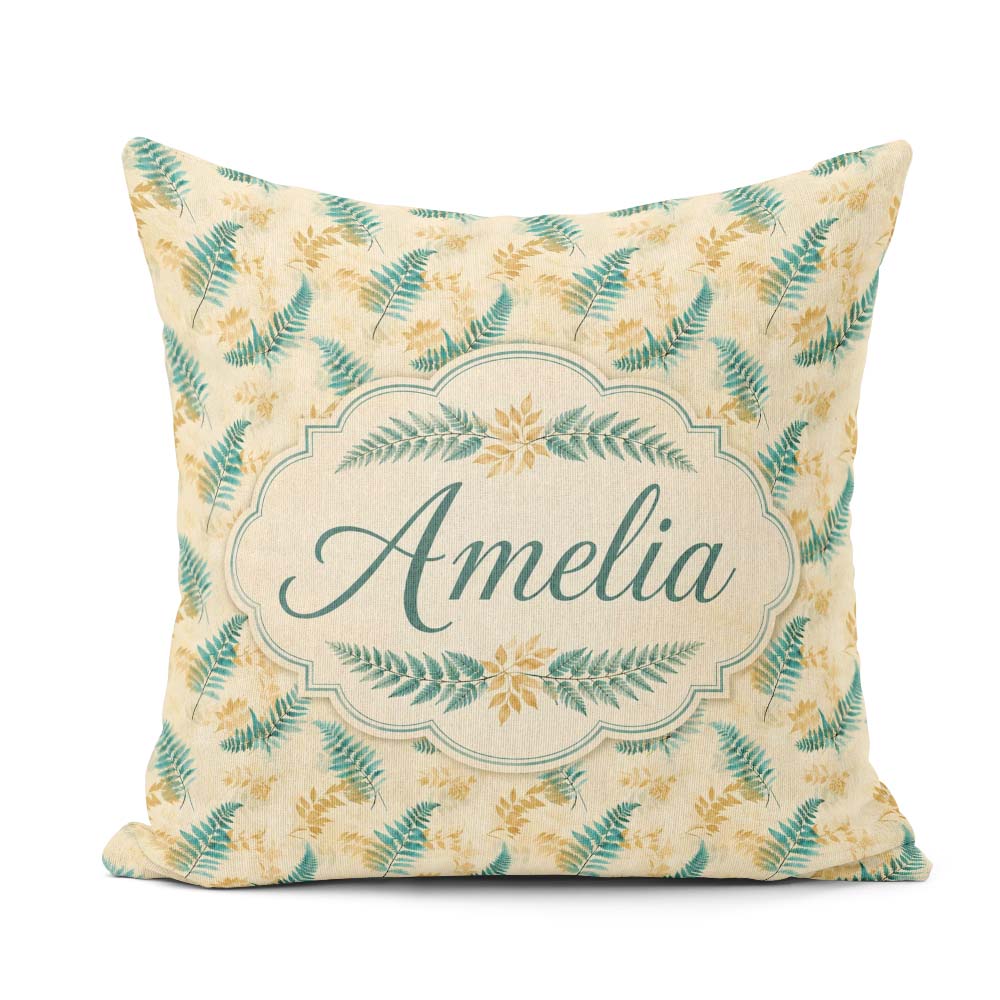 Custom Name Teal and Mustard Fern Botanical Watercolor Seamless Square Filled Cushion Throw Pillow Sofa Bed Home Decor Zip Washable UK Made