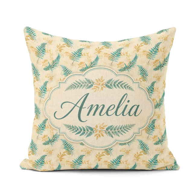 Custom Name Teal and Mustard Fern Botanical Watercolor Seamless Square Filled Cushion Throw Pillow Sofa Bed Home Decor Zip Washable UK Made