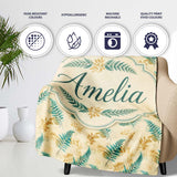 Teal and Mustard Fern Botanical Watercolor Seamless Pattern Lovely  Personalised Custom Name Super Soft Fleece Blanket Bed Sofa Throw