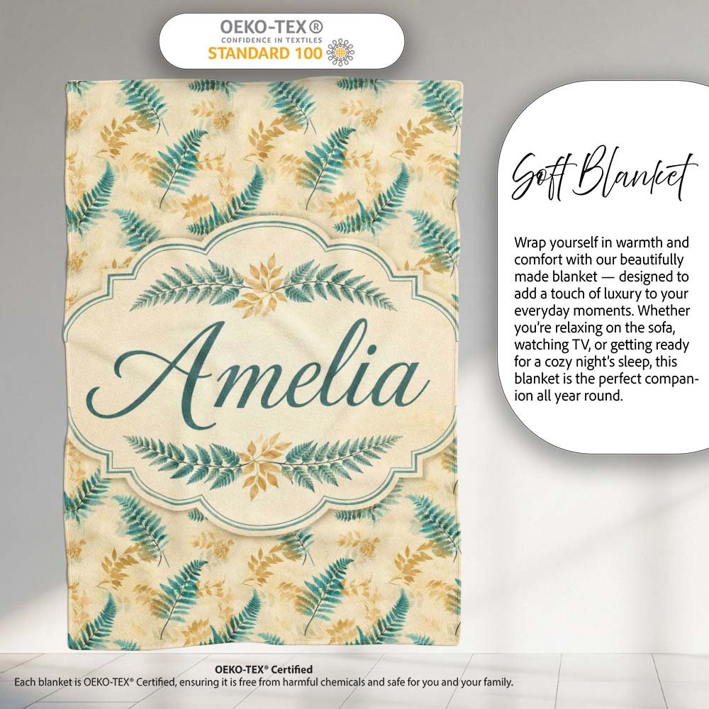Teal and Mustard Fern Botanical Watercolor Seamless Pattern Lovely  Personalised Custom Name Super Soft Fleece Blanket Bed Sofa Throw