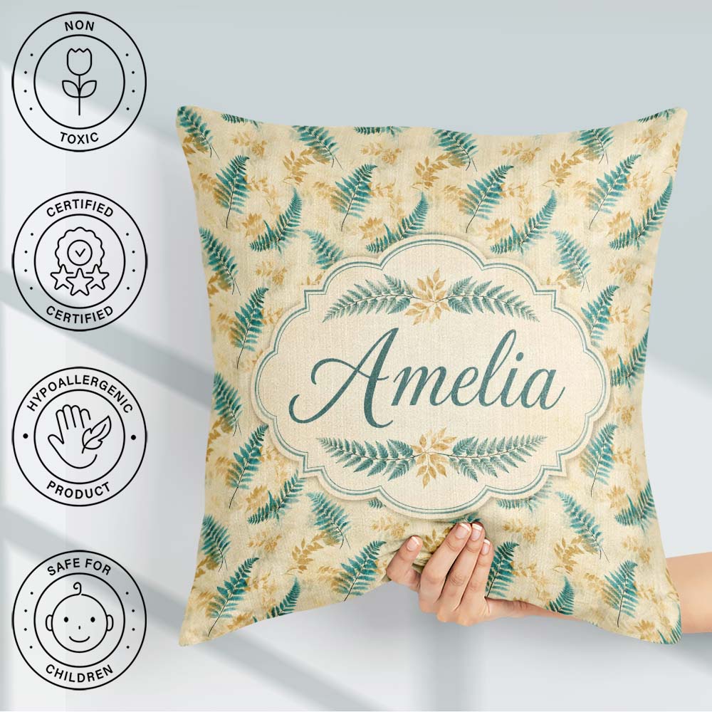 Custom Name Teal and Mustard Fern Botanical Watercolor Seamless Square Filled Cushion Throw Pillow Sofa Bed Home Decor Zip Washable UK Made
