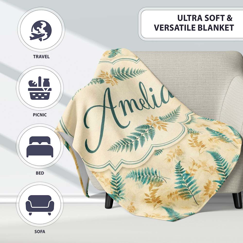Teal and Mustard Fern Botanical Watercolor Seamless Pattern Lovely  Personalised Custom Name Super Soft Fleece Blanket Bed Sofa Throw