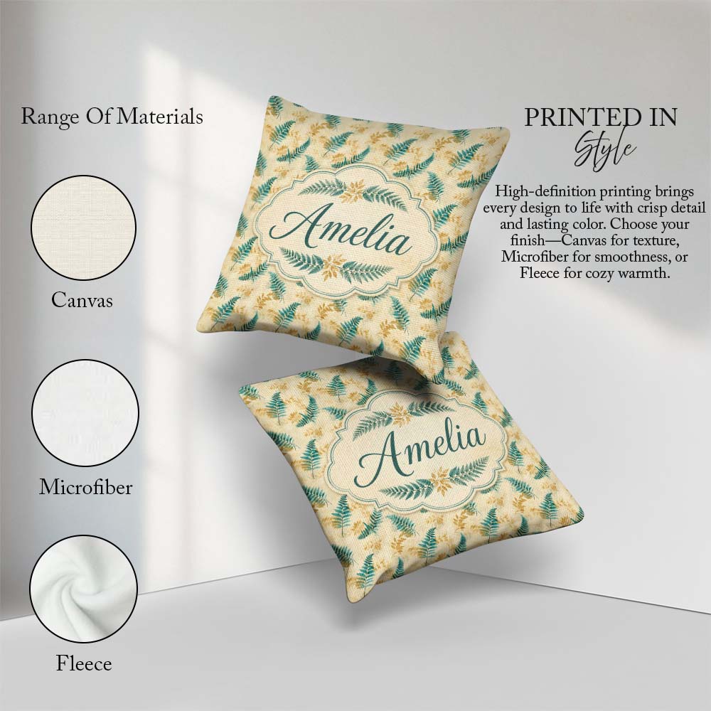 Custom Name Teal and Mustard Fern Botanical Watercolor Seamless Square Filled Cushion Throw Pillow Sofa Bed Home Decor Zip Washable UK Made