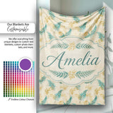 Teal and Mustard Fern Botanical Watercolor Seamless Pattern Lovely  Personalised Custom Name Super Soft Fleece Blanket Bed Sofa Throw