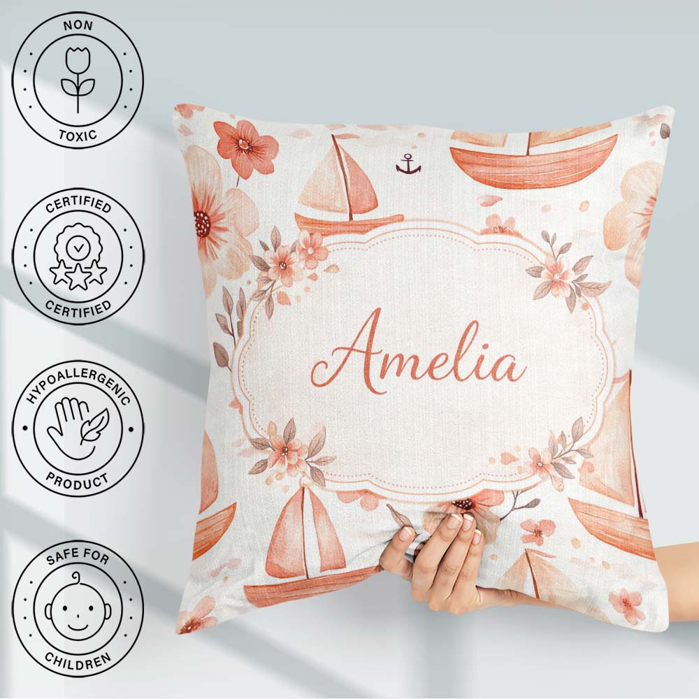 Custom Name Nautical Sailboat Floral Coastal Pattern Watercolour Square Filled Cushion Throw Pillow Sofa Bed Home Decor Zip Washable UK Made
