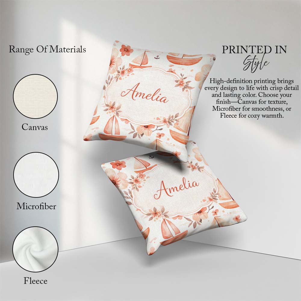 Custom Name Nautical Sailboat Floral Coastal Pattern Watercolour Square Filled Cushion Throw Pillow Sofa Bed Home Decor Zip Washable UK Made