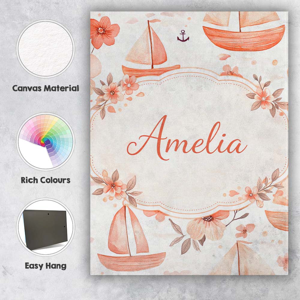 Personalised Name Nautical Sailboat Floral Coastal Pattern Seamless Custom Canvas Wall Art Print Decor Picture Ready to Hang